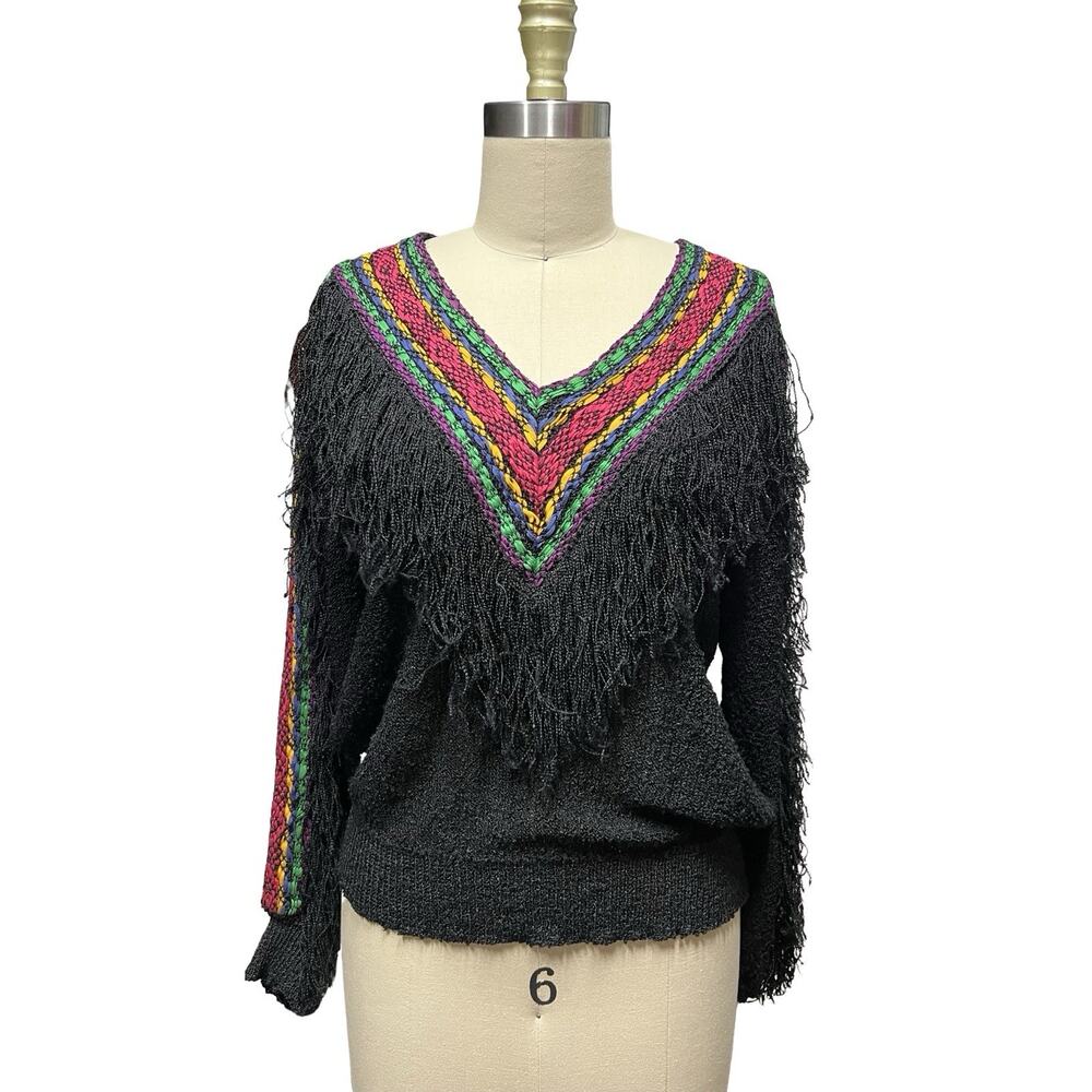 French Rags Sweater Black Fringe V Neck Pullover Boho Avant Garde Western